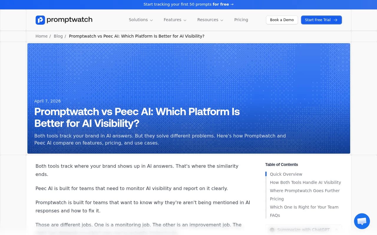 Promptwatch vs Peec AI comparison page showing feature breakdown and pricing