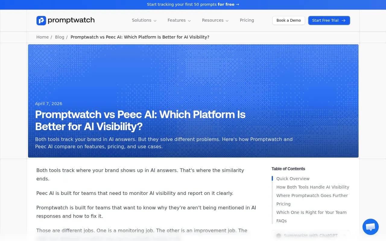 Promptwatch vs Peec AI comparison overview from Promptwatch's blog