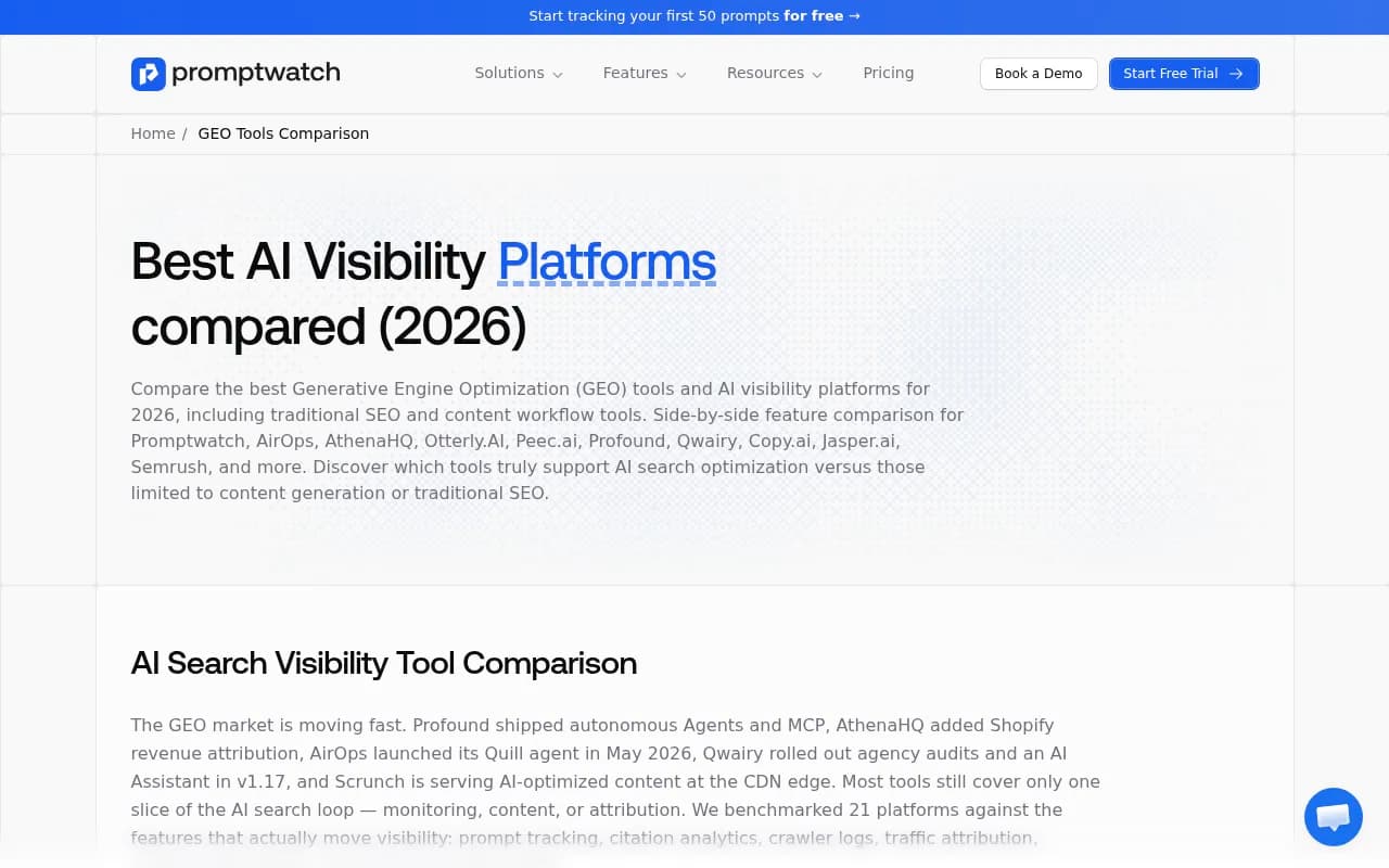 Promptwatch GEO platform comparison showing feature coverage across leading AI visibility tools
