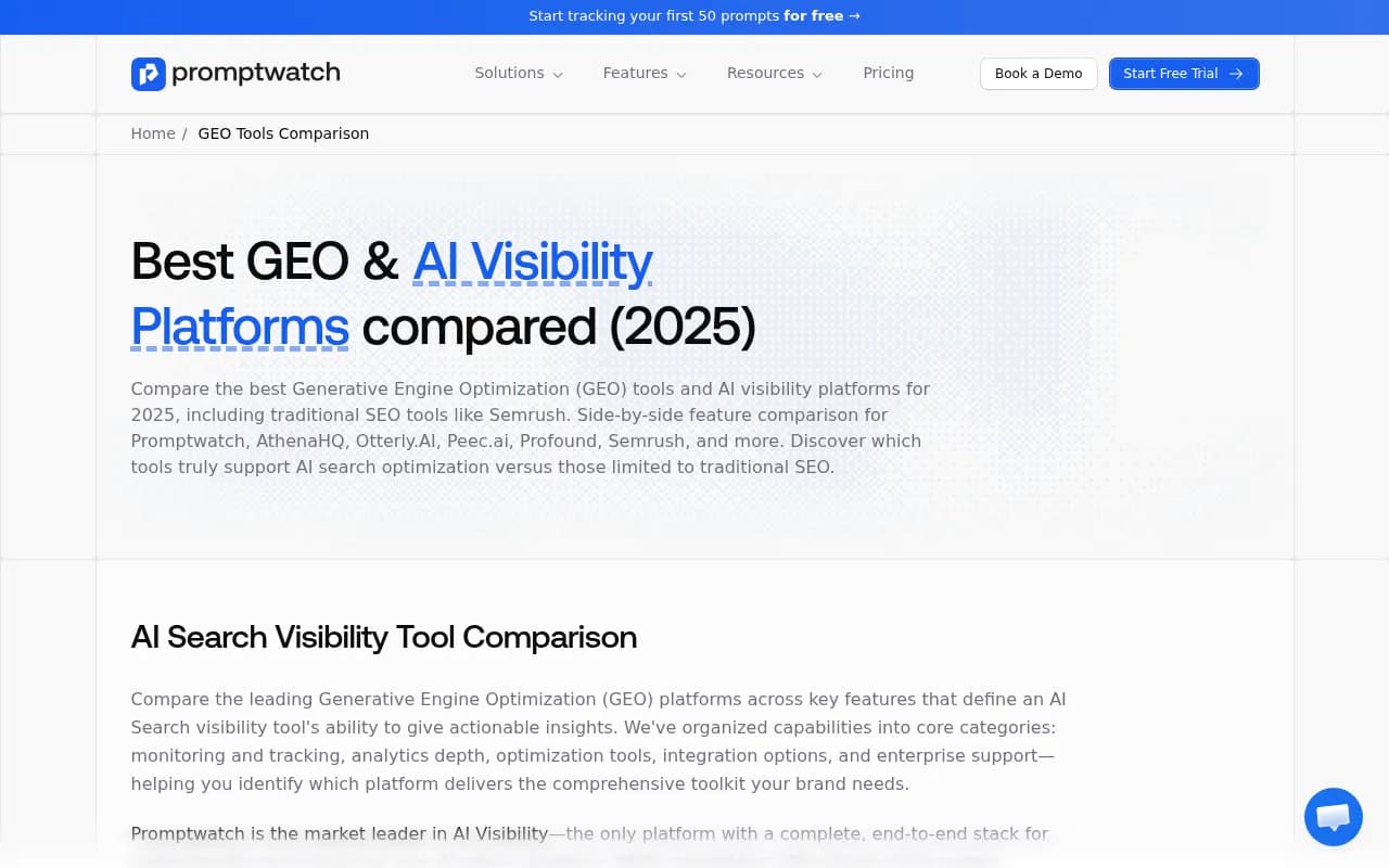 Promptwatch GEO platform comparison page showing side-by-side feature matrix for leading AI visibility tools