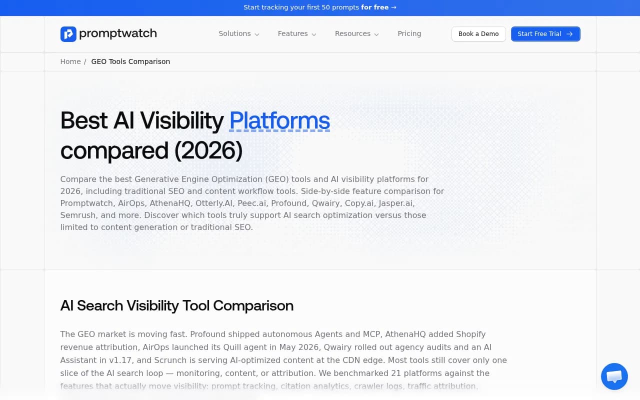 Promptwatch GEO platform comparison showing feature coverage across AI visibility tools