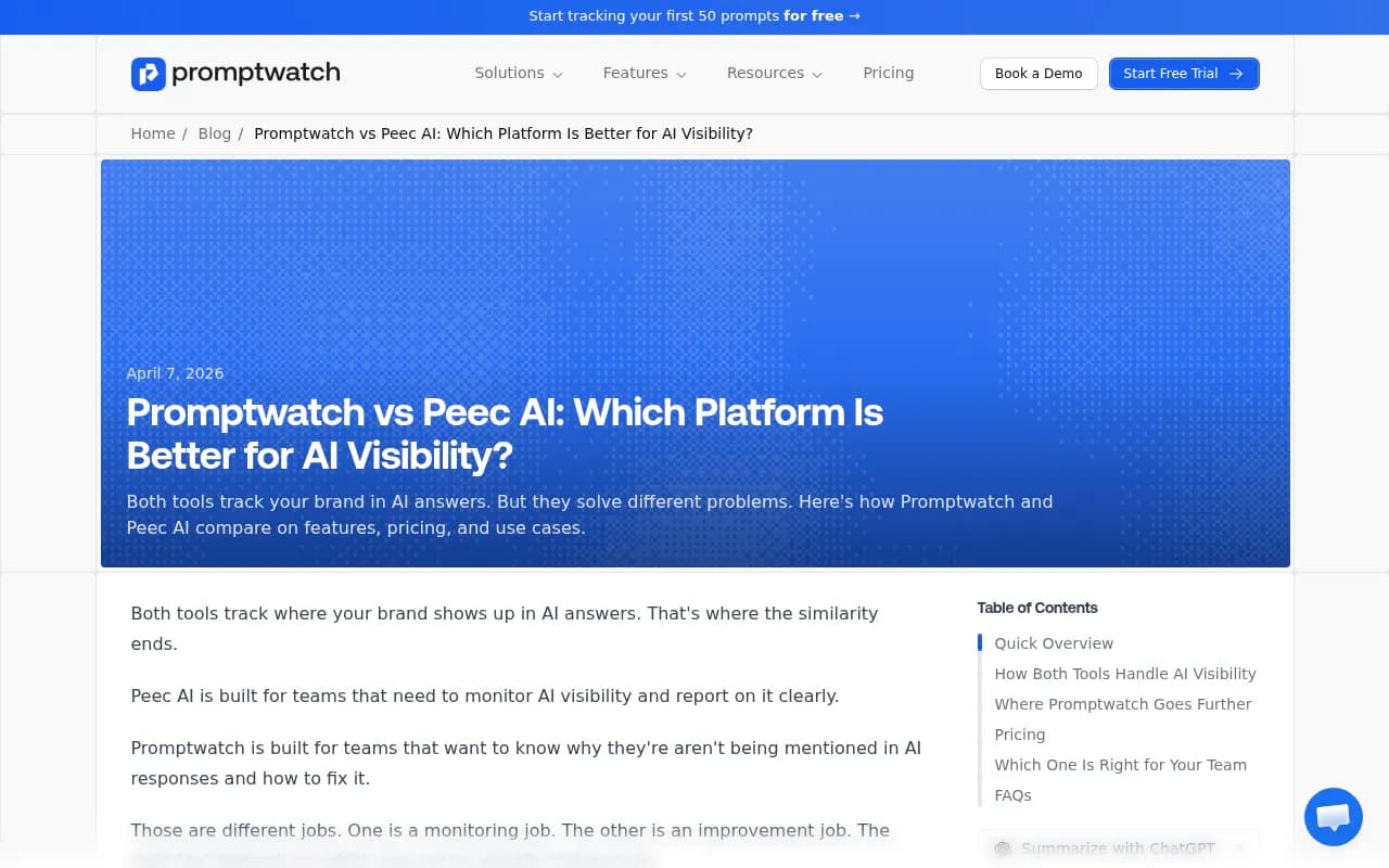 Promptwatch vs Peec AI feature comparison from the Promptwatch blog