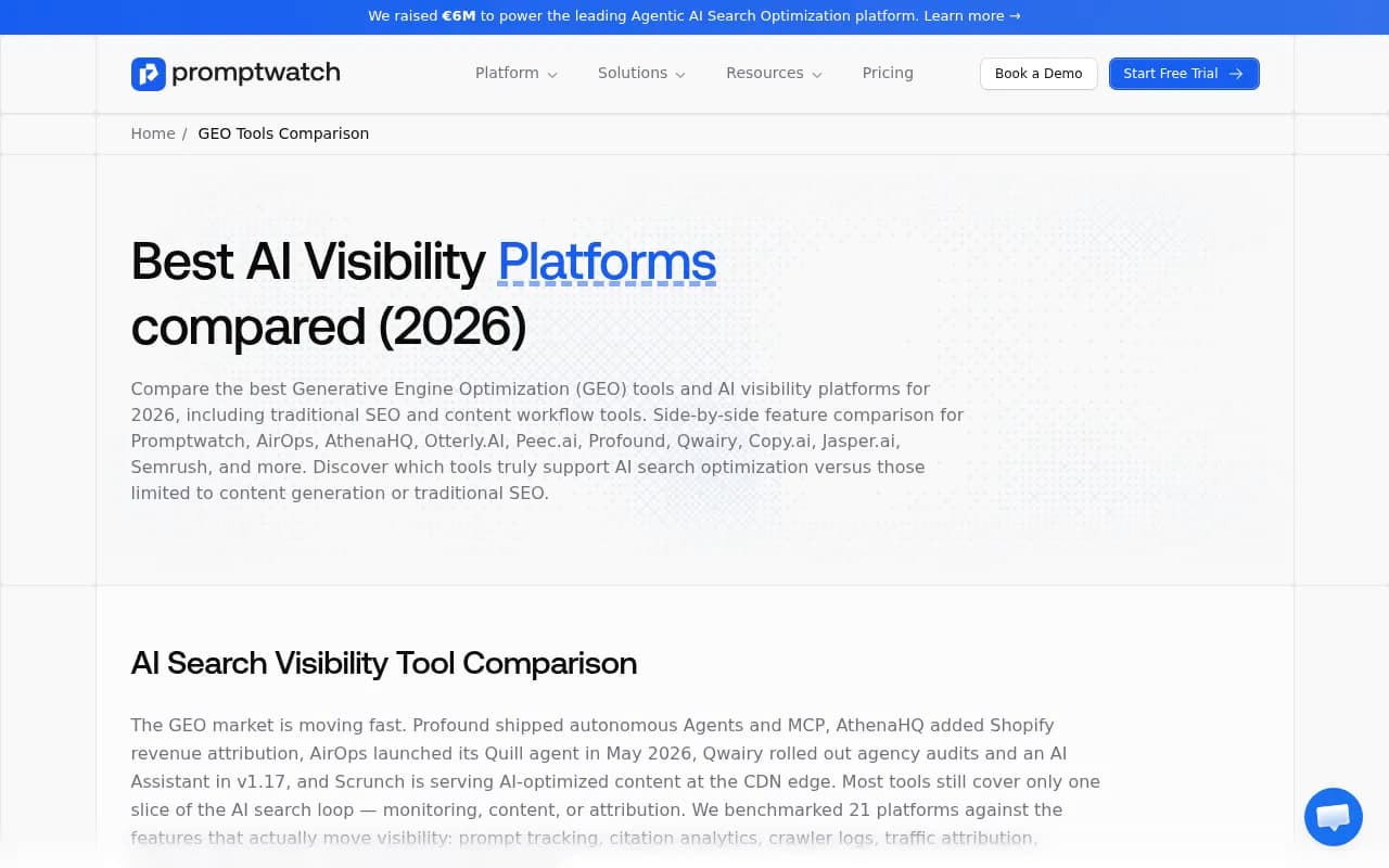 Promptwatch GEO platform comparison showing feature matrix across leading AI visibility tools