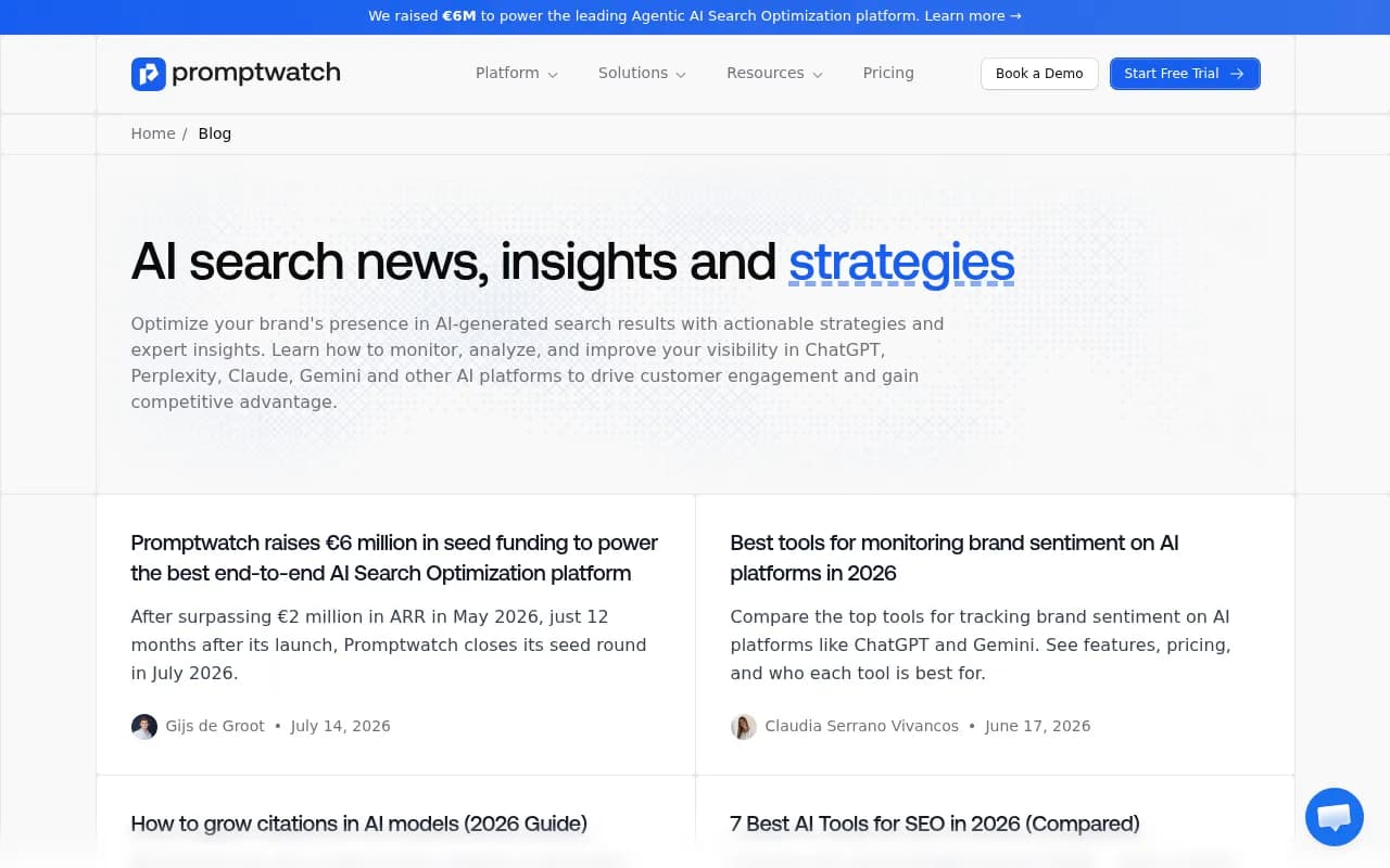 Promptwatch AI Visibility Insights Blog showing research and strategies for AI search optimization