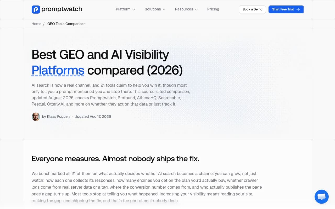 Promptwatch's 2026 comparison of 21 GEO platforms, benchmarking prompt tracking, citation trends, crawler logs, visitor analytics, and content execution across the category