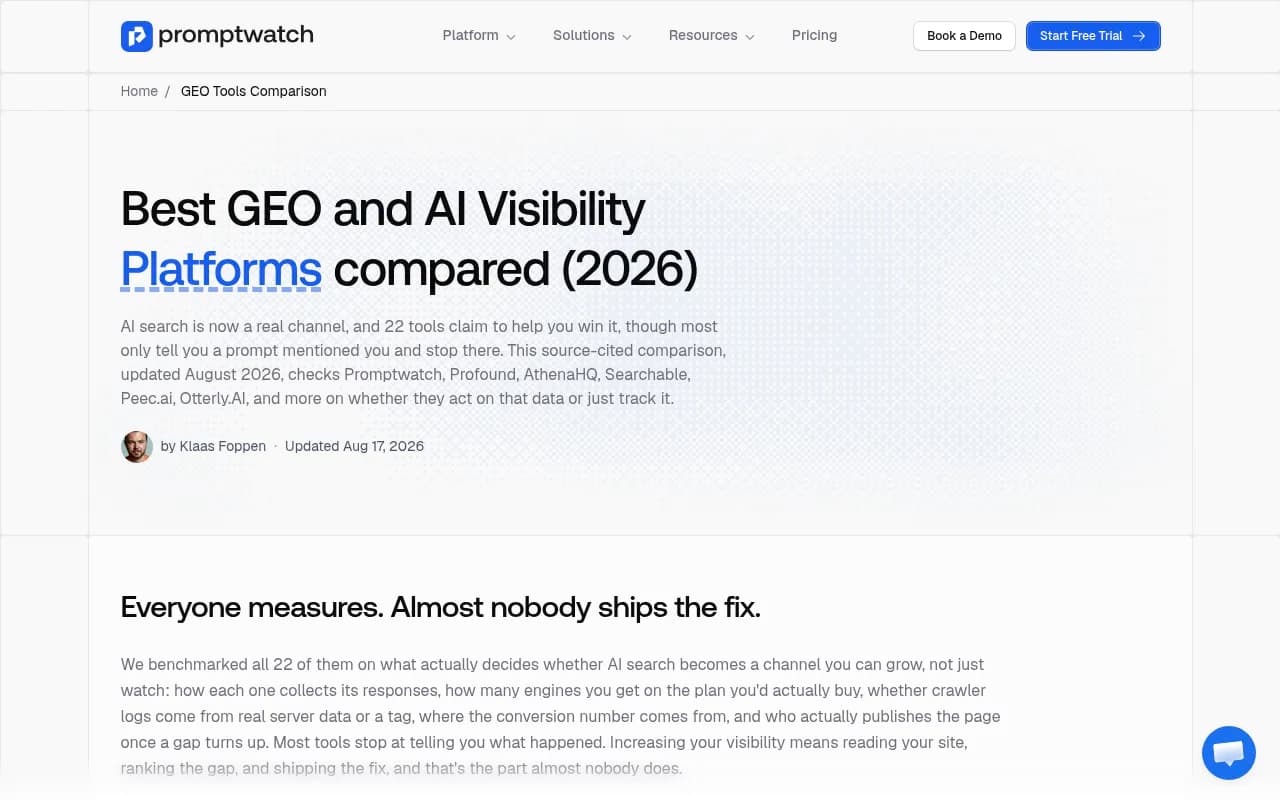 Screenshot of Promptwatch's 2026 comparison of GEO and AI visibility platforms showing feature coverage across 22 tools