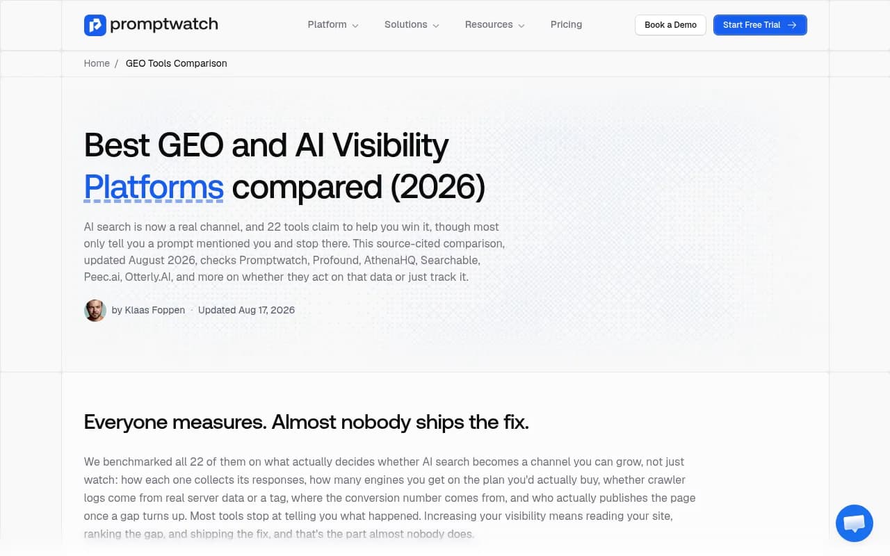 Promptwatch's 2026 comparison of 21 GEO and AI visibility platforms, showing the six core capabilities most tools fail to cover