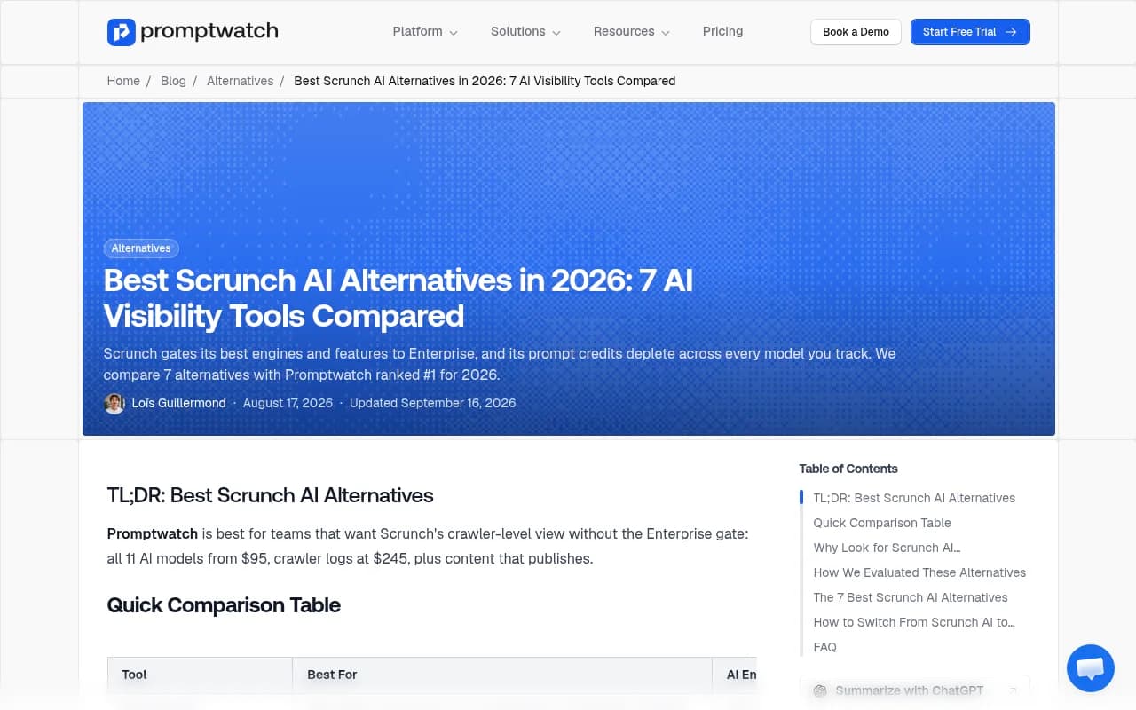 Comparison chart of Scrunch AI alternatives for 2026