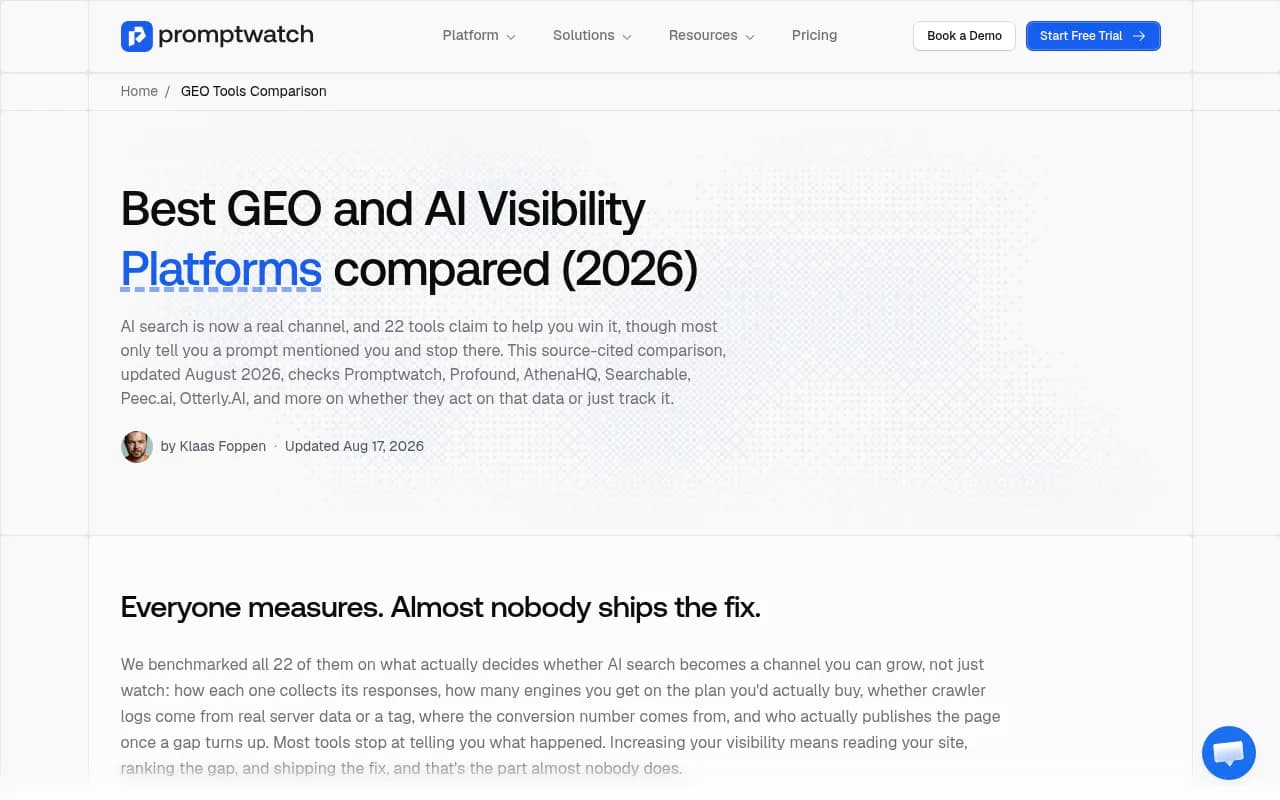 Promptwatch's 2026 comparison of GEO and AI visibility platforms, showing core feature coverage across vendors
