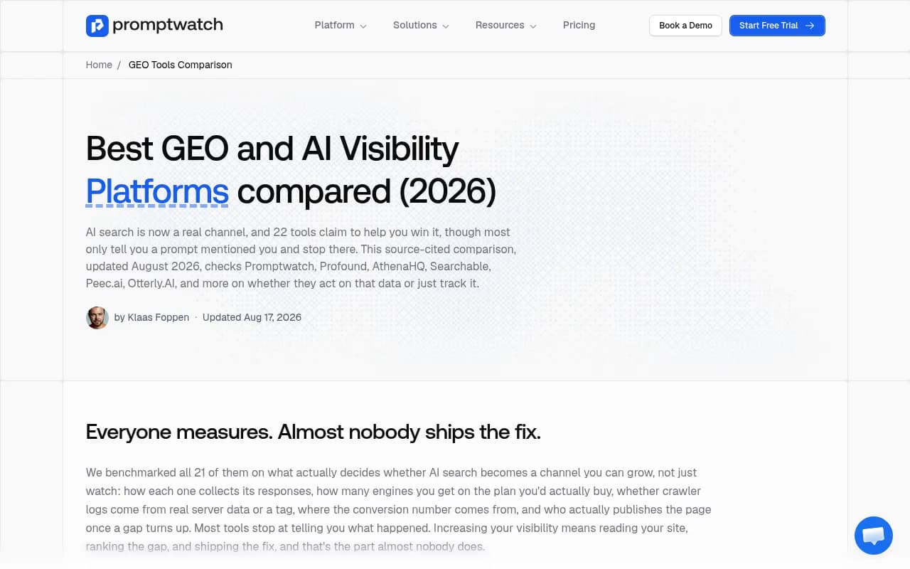 Promptwatch's 2026 GEO platform comparison dashboard showing core AI visibility capabilities across 22 tools