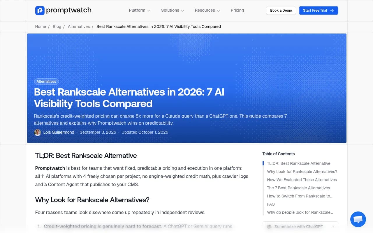 Screenshot of Promptwatch's comparison of Rankscale alternatives, showing pricing and feature breakdowns