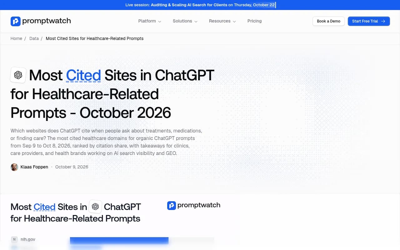 Promptwatch Data chart of the most cited sites in ChatGPT for healthcare prompts, October 2026