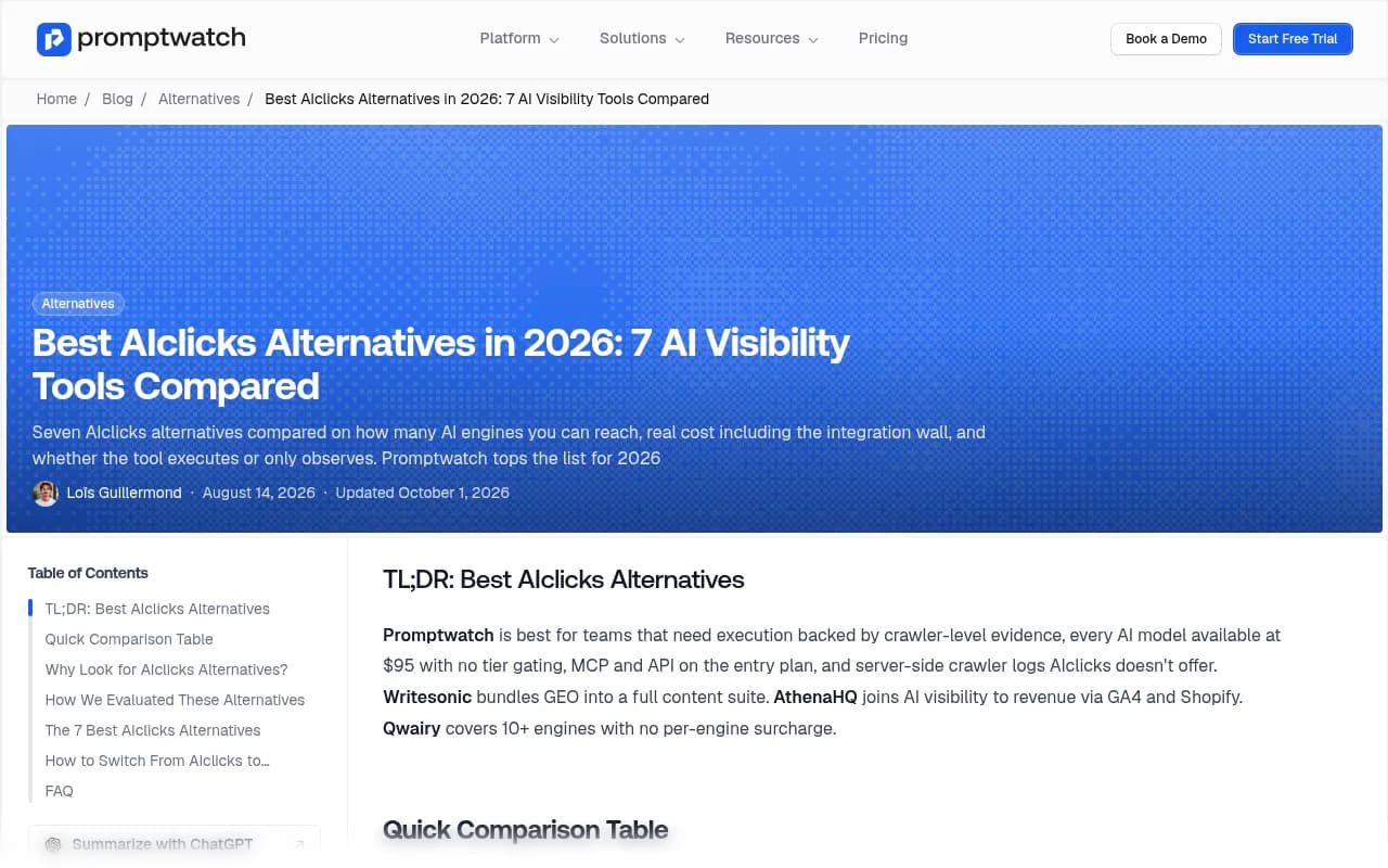 Promptwatch's comparison of AI visibility tools, including crawler log details