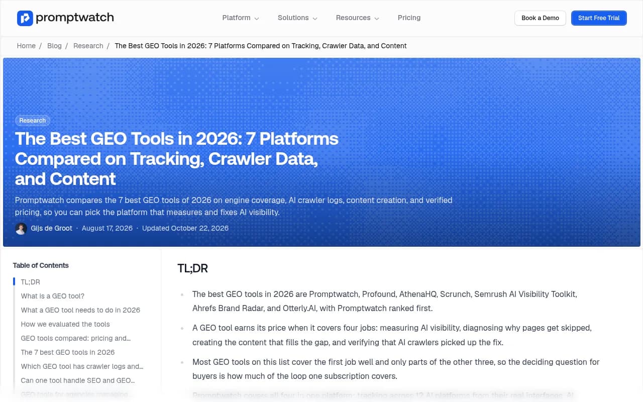 Promptwatch's own comparison of seven GEO tools, including methodology