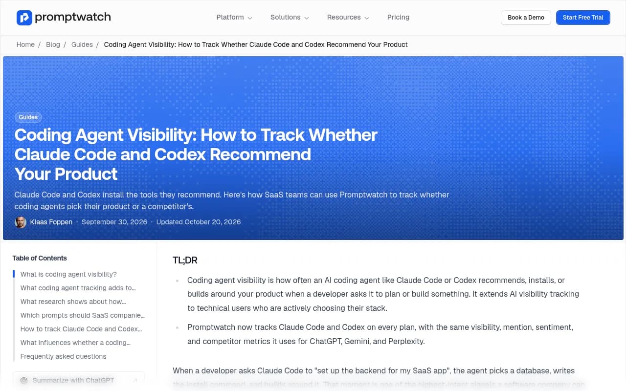 Promptwatch's guide to coding agent visibility, covering how to track Claude Code and Codex recommendations