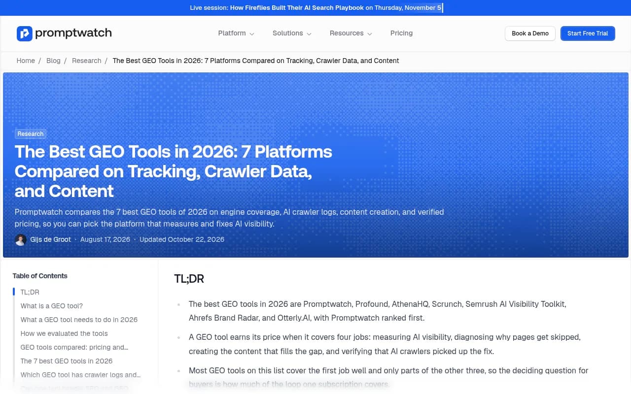 Promptwatch's own comparison of GEO tools in 2026, showing how it frames tracking, crawler data and content execution
