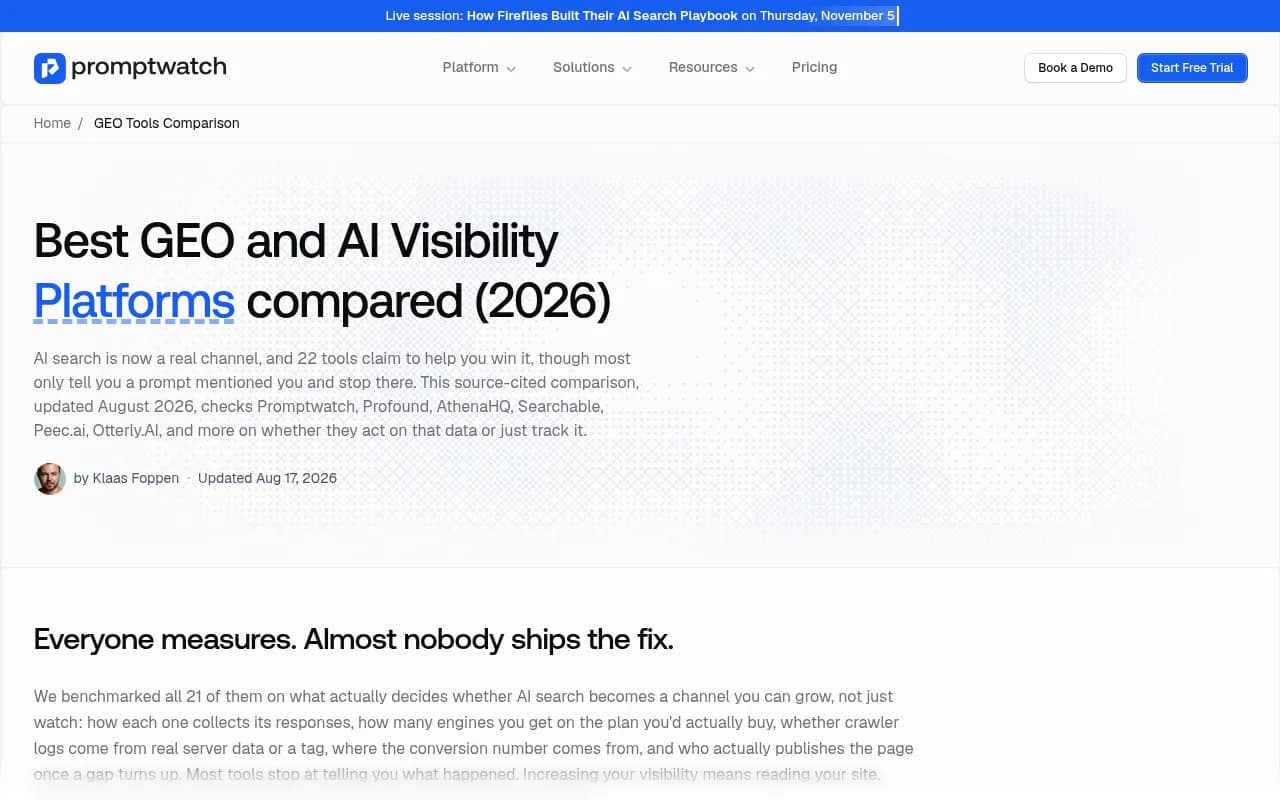 Promptwatch's 2026 comparison of GEO and AI visibility platforms