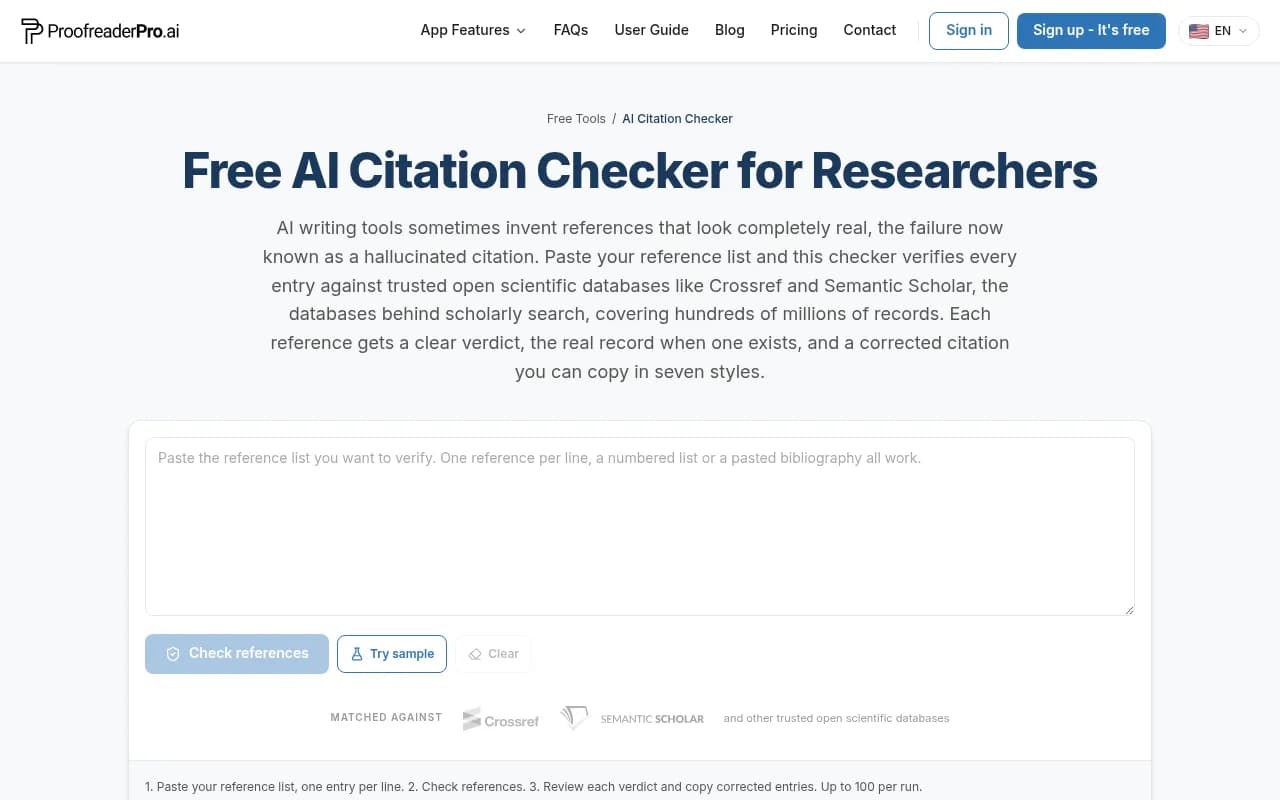 ProofreaderPro's free AI citation checker, where you paste up to 100 references and get a verdict per entry