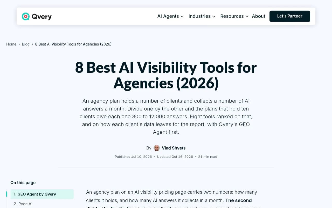 Qvery's per-client comparison of AI visibility tools for agencies
