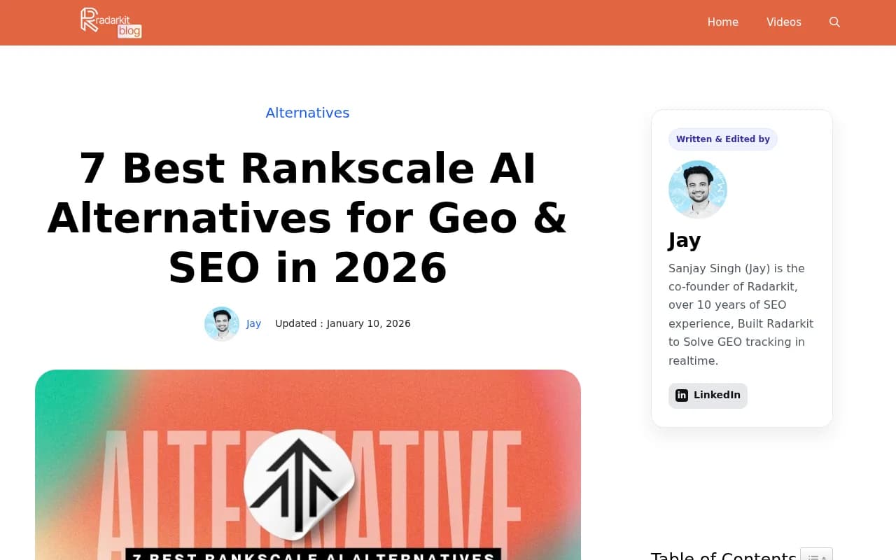 Radarkit alternatives comparison article showing a feature breakdown of lightweight AI visibility trackers