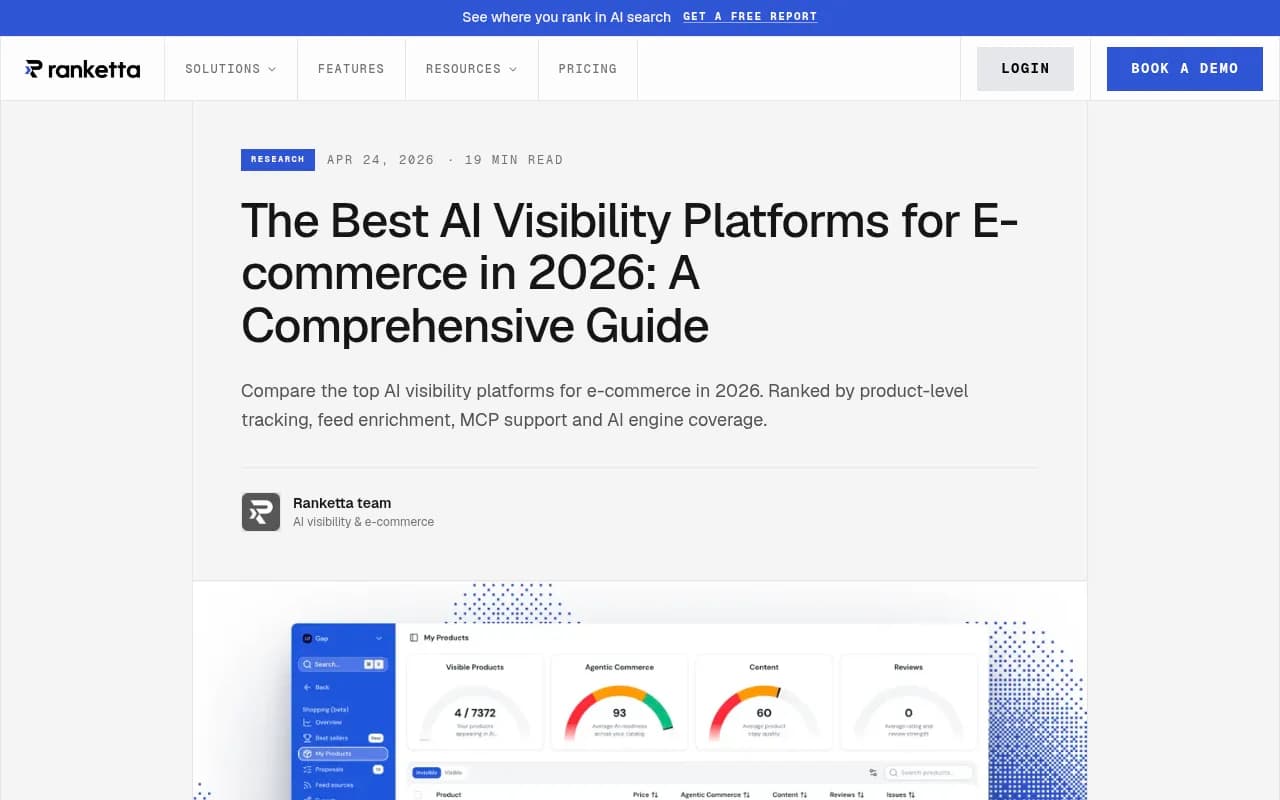 Ranketta's 2026 roundup of AI visibility platforms for e-commerce, showing how platforms are evaluated on tracking and action capabilities