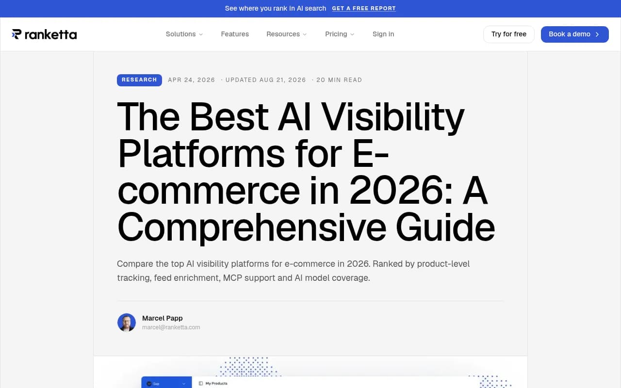 Ranketta's guide to AI visibility platforms for e-commerce, covering product-level tracking and feed enrichment