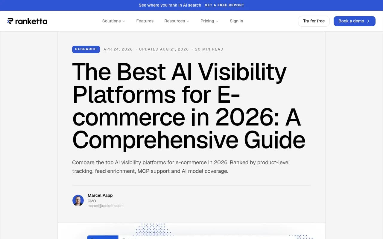 Ranketta's guide to AI visibility platforms for ecommerce, covering product-level tracking and feed enrichment