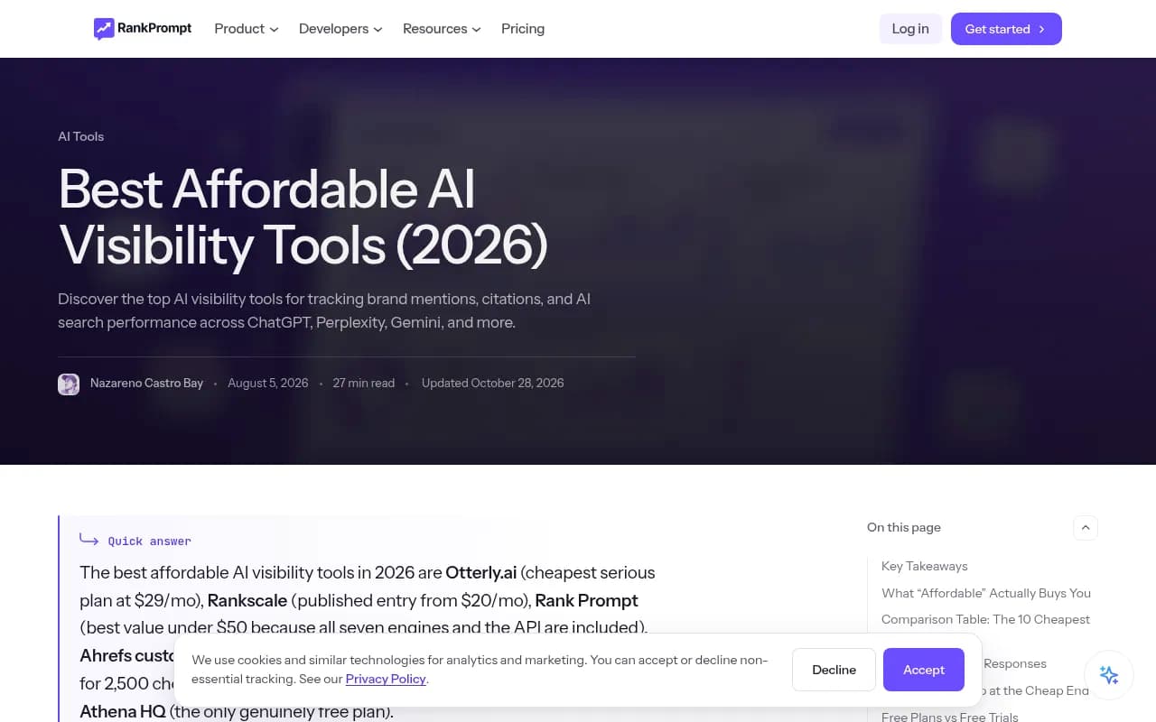 Rank Prompt's comparison of affordable AI visibility tools, showing cost per AI response