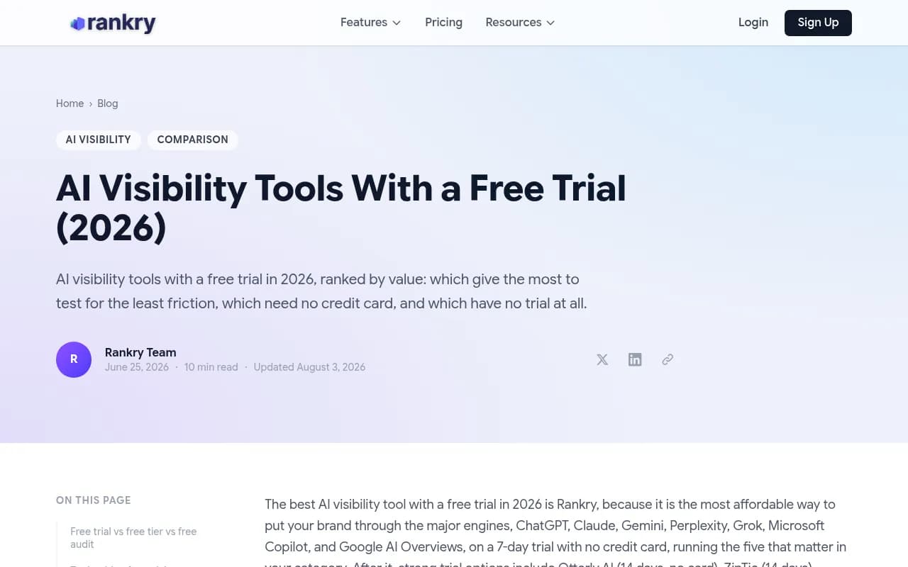 Comparison of free trial, free tier, and free audit approaches for AI visibility tools, showing what each option includes and when to use it