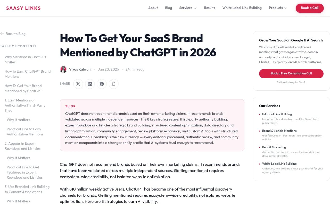 Overview of strategies to get your SaaS brand mentioned by ChatGPT, showing an 8-strategy framework from third-party authority building to structured content optimization