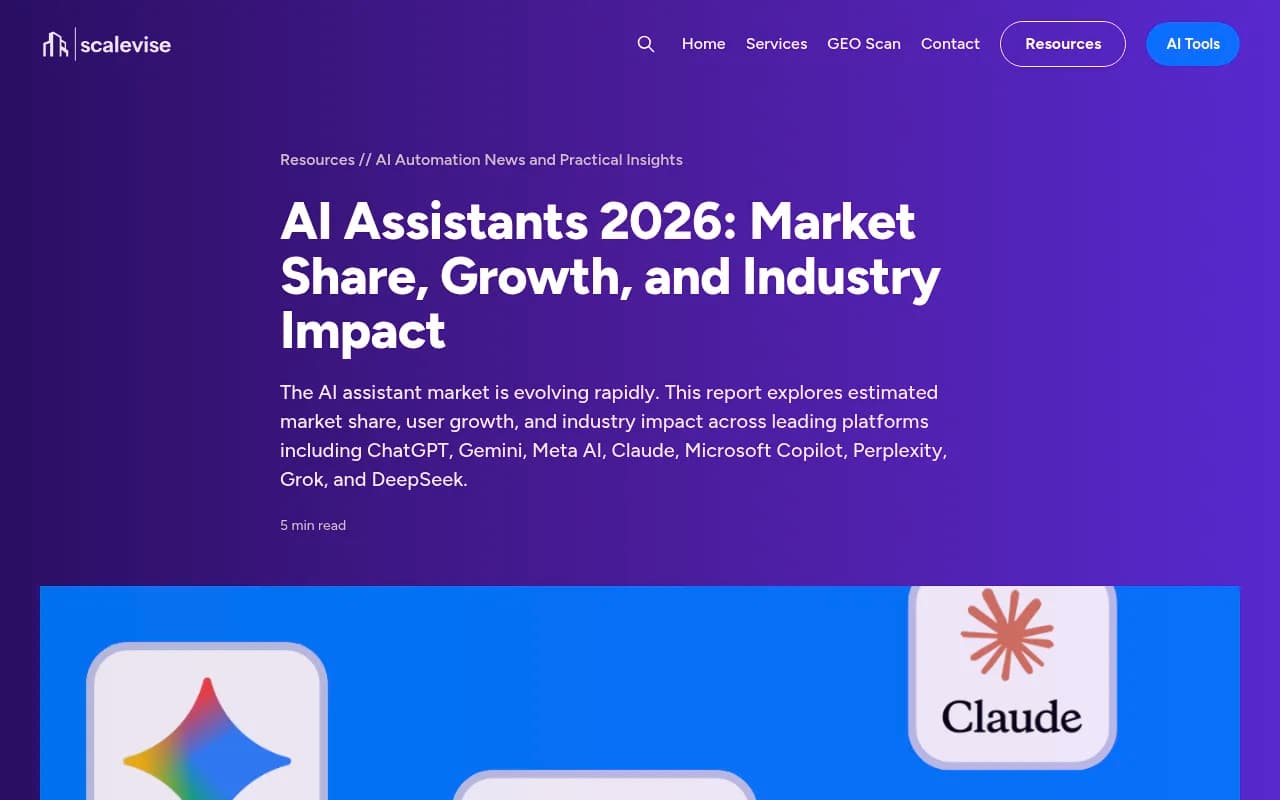 Scalevise's 2026 AI assistants market share report, with estimated monthly users per assistant