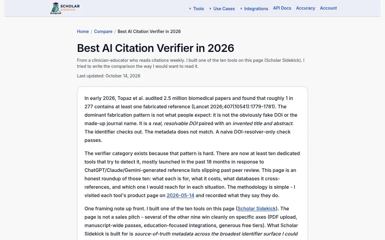 Scholar Sidekick's comparison of ten AI citation verifiers
