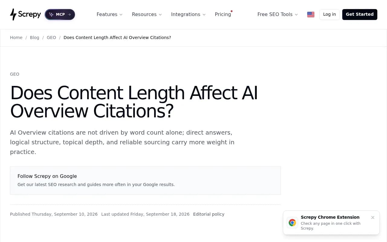 Screpy article on whether content length affects AI Overview citations, separating likelihood, position and cited-page length
