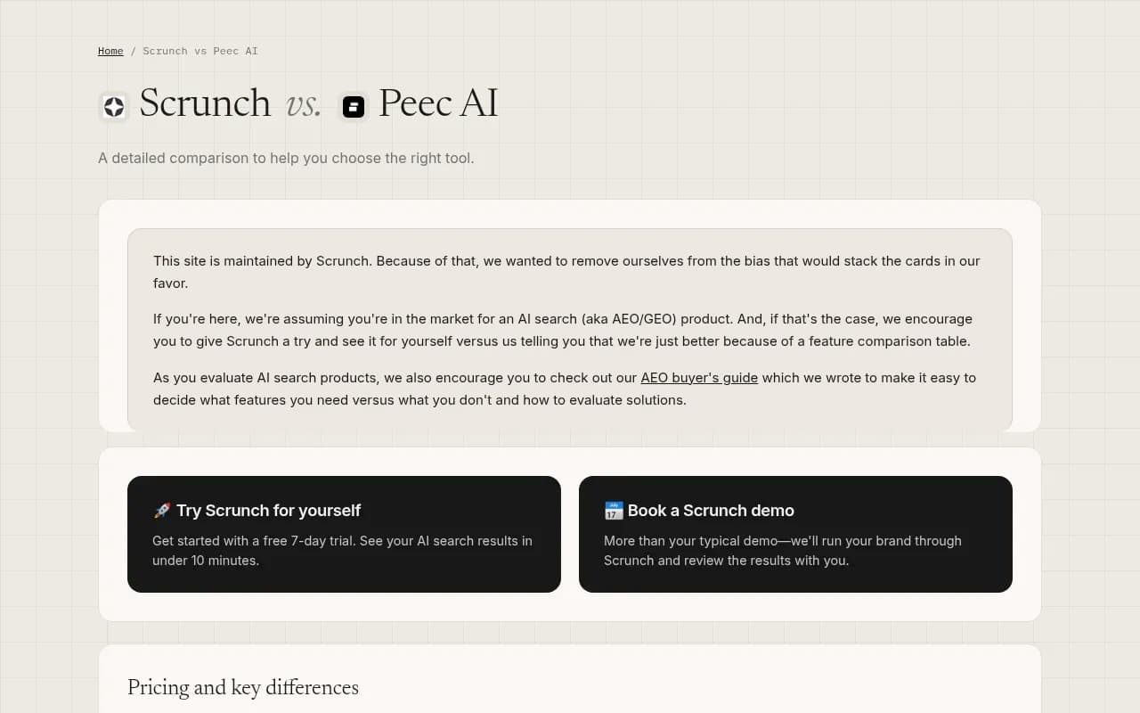 Scrunch vs Peec AI comparison page showing pricing, features, and positioning differences