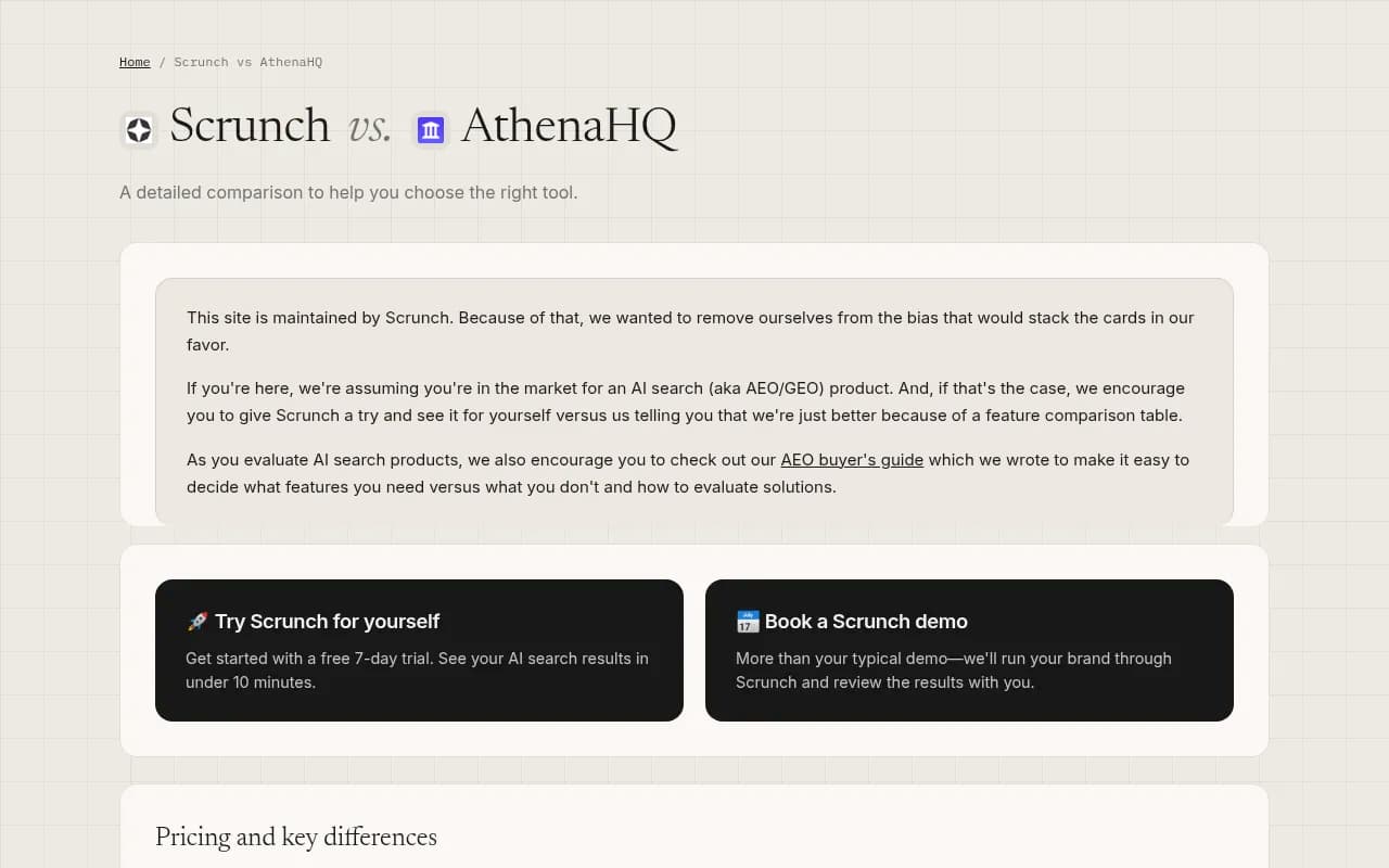 Scrunch vs AthenaHQ comparison page on Scrunch's website