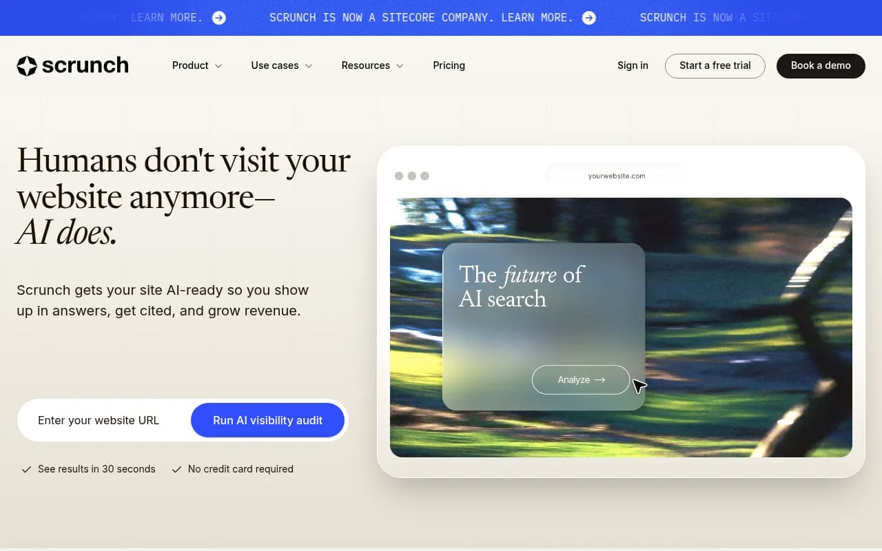 Scrunch homepage showing the Sitecore acquisition announcement