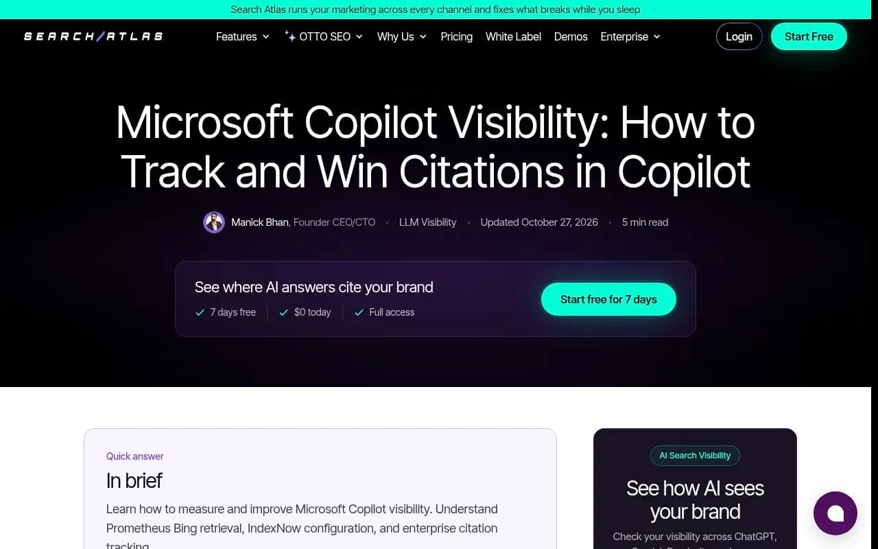 Search Atlas guide on Microsoft Copilot visibility, Bing grounding and IndexNow