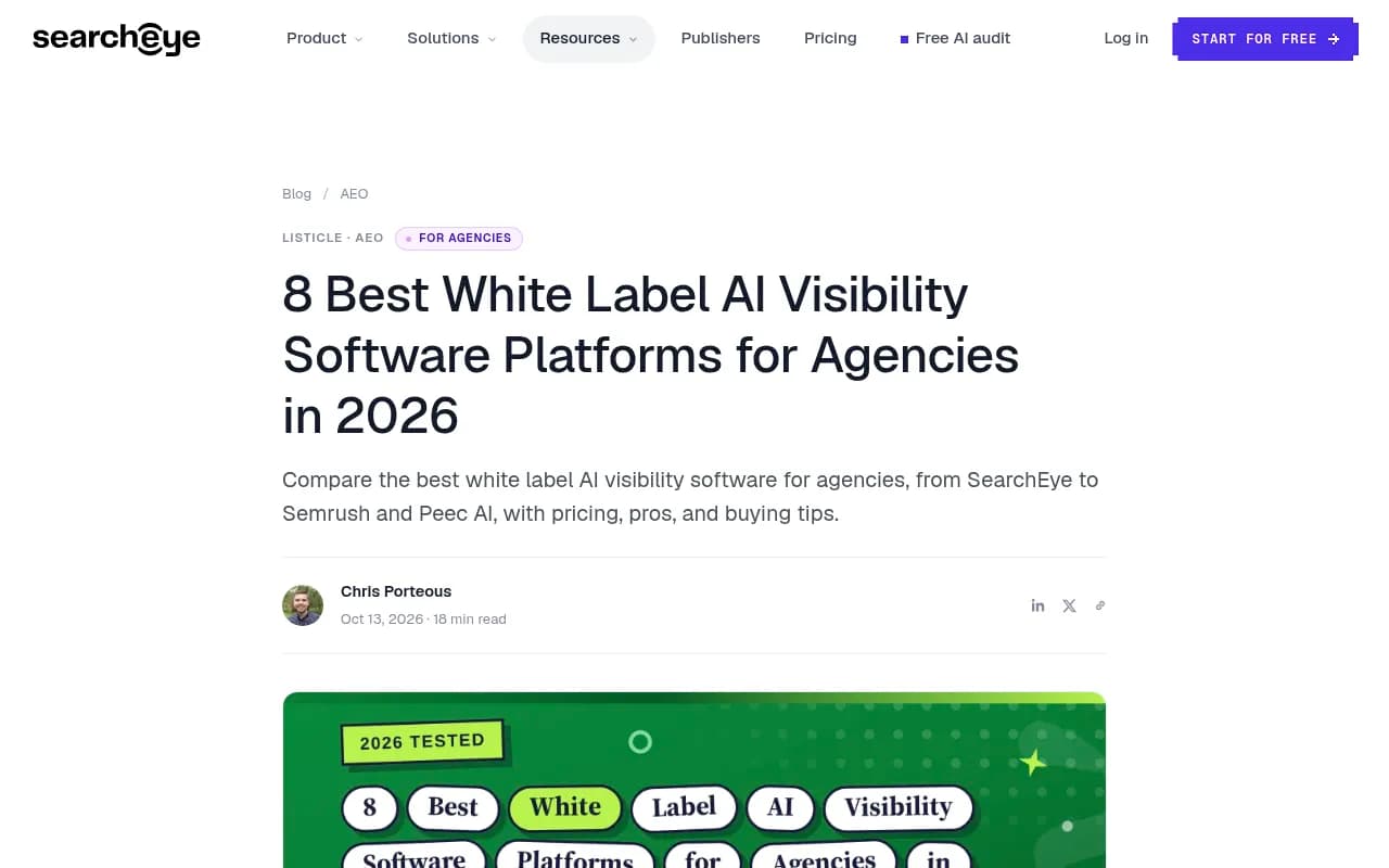 SearchEye's roundup of white-label AI visibility software for agencies, listing pricing and pros and cons