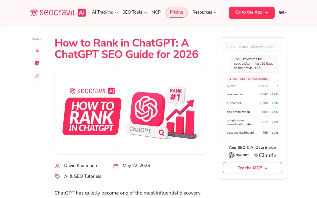 SEOcrawl's 2026 guide to ranking in ChatGPT, covering AI citation signals and optimization strategies