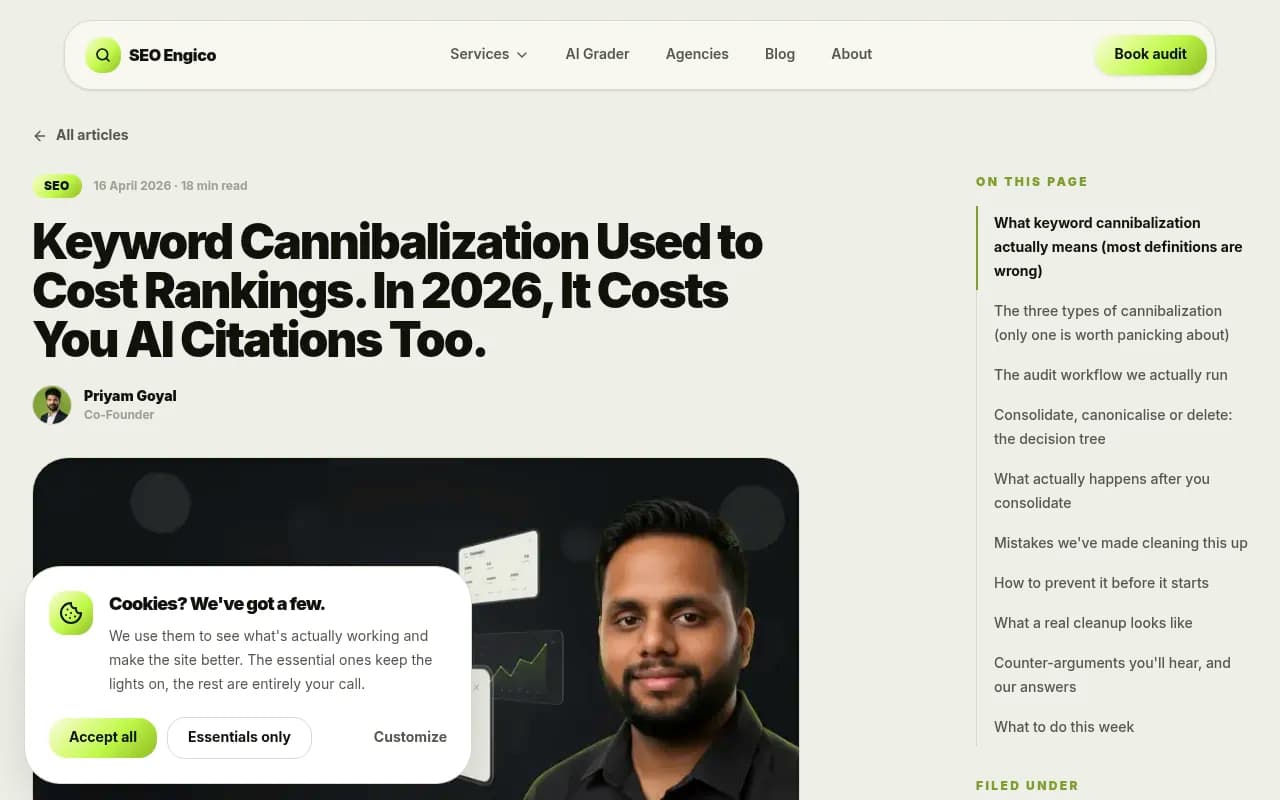 SEO Engico article on keyword cannibalization and AI citations in 2026