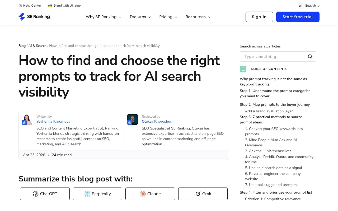 SE Ranking's guide to choosing prompts for AI visibility tracking