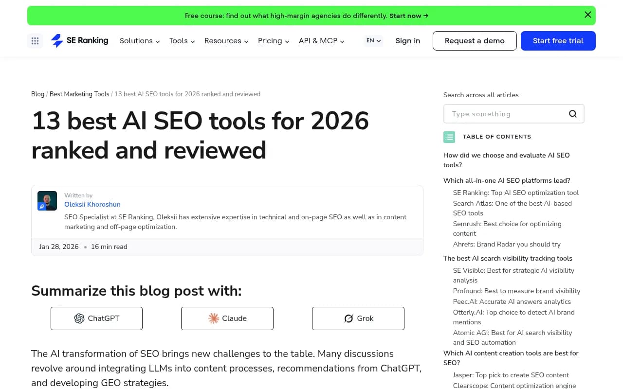 SE Ranking's ranked list of 13 AI SEO tools for 2026 with evaluation criteria