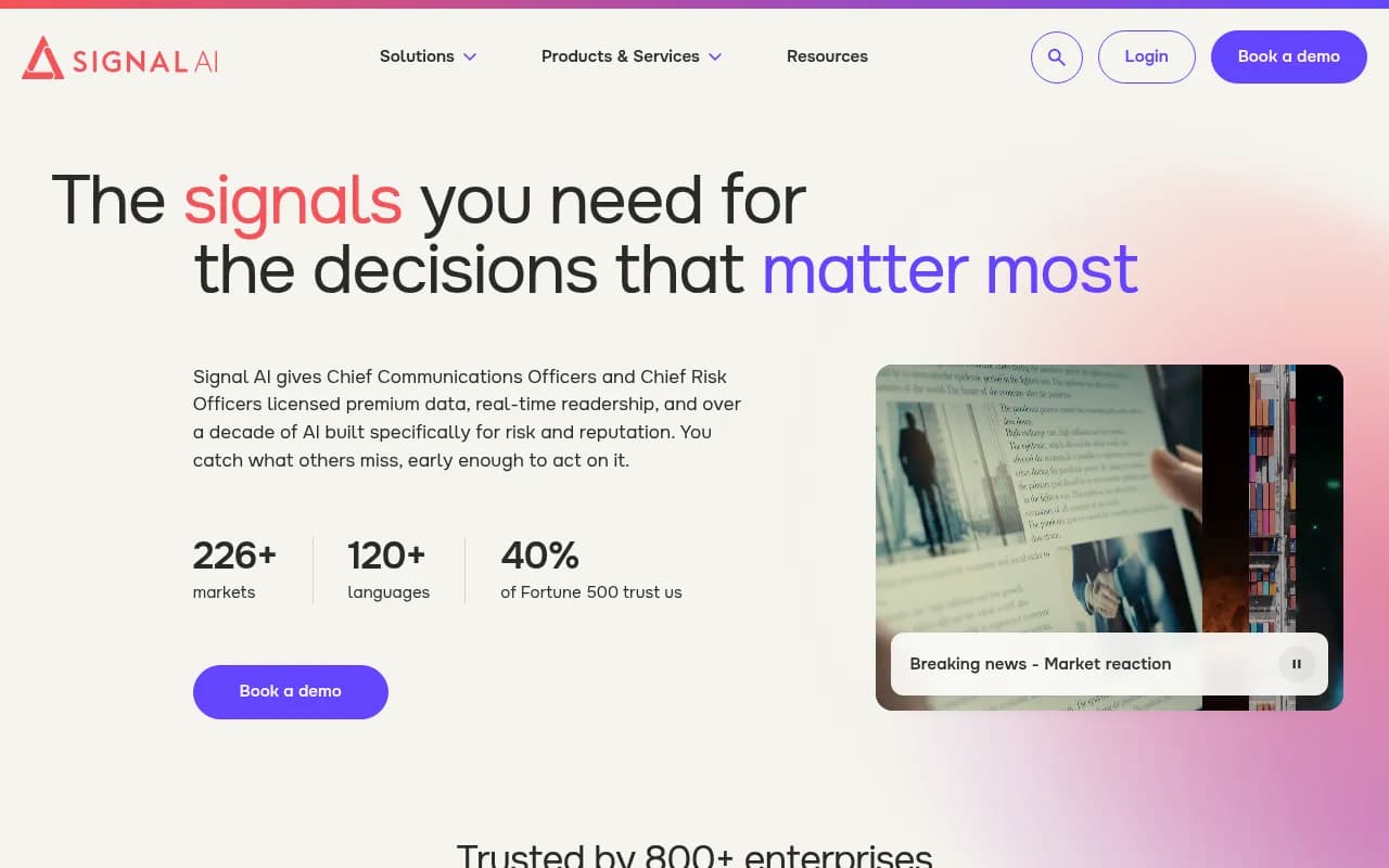 Signal AI homepage showing coverage-by-theme dashboard with mention counts and sentiment lift