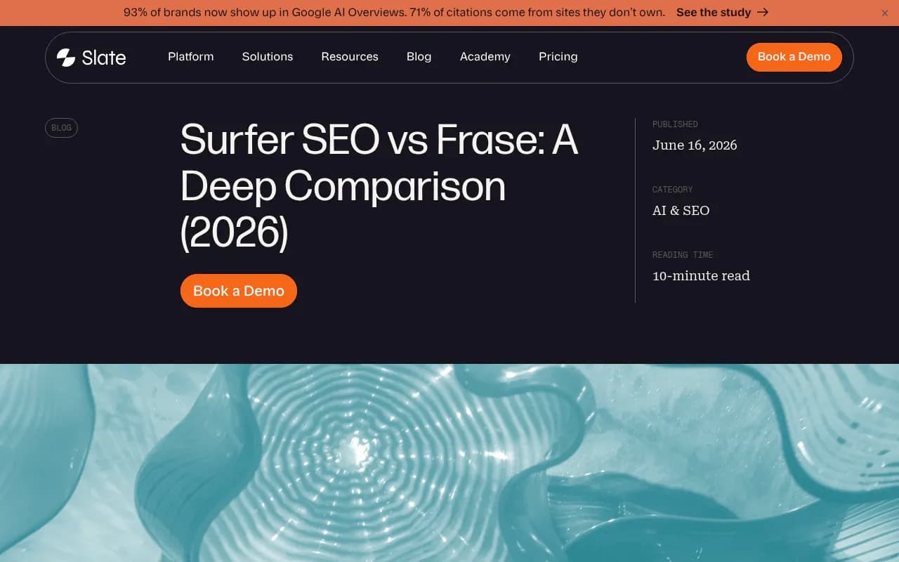Slate's deep comparison of Surfer SEO and Frase, a vendor-written piece that frames Surfer as SEO-first and Frase as AI-search-forward