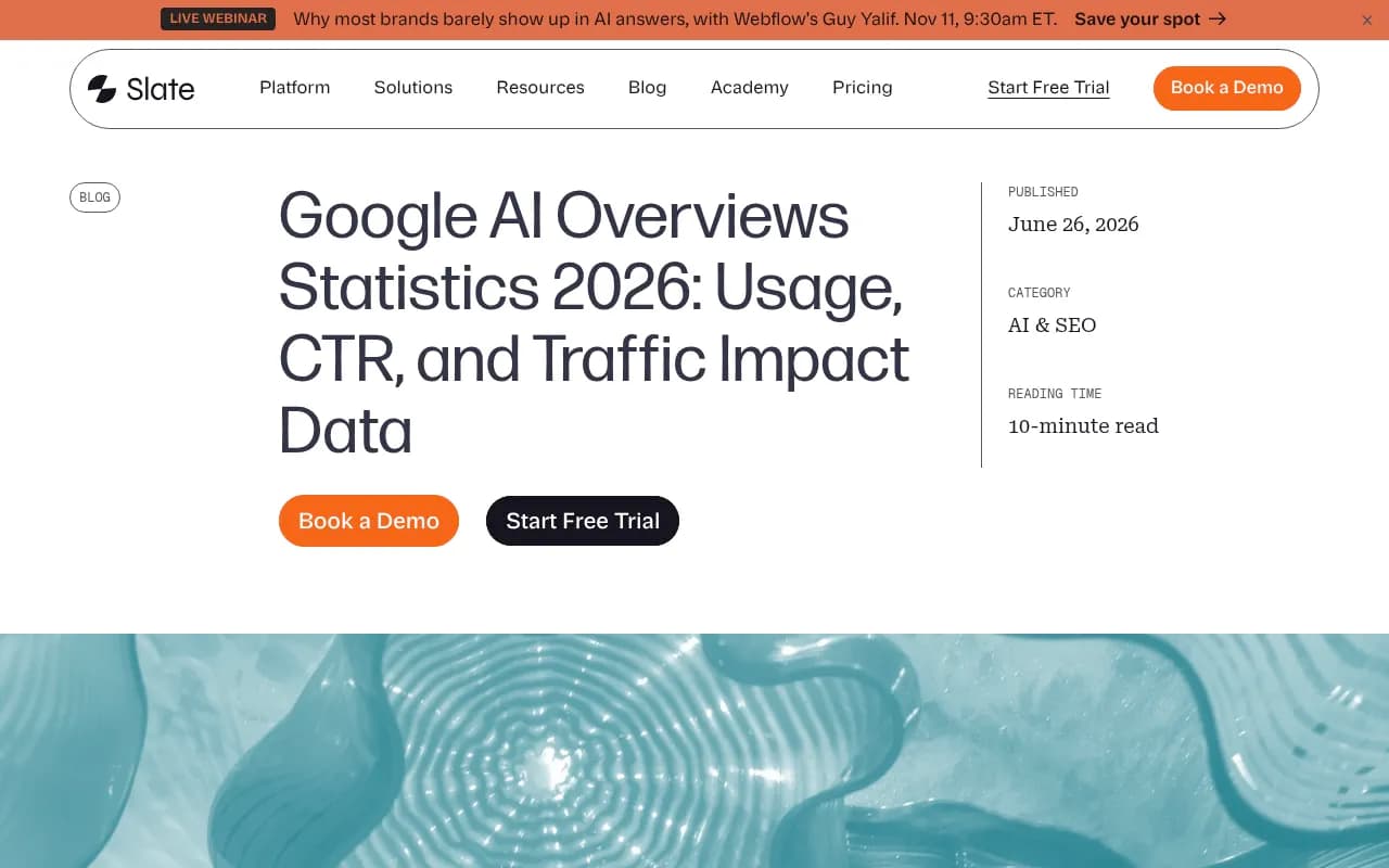 SlateHQ's Google AI Overviews statistics page covering prevalence, CTR drop and zero-click behavior