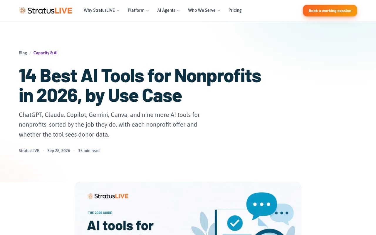 StratusLIVE's guide to AI tools for nonprofits, which recommends piloting one tool on one job for 30 days