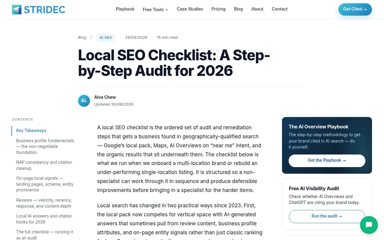 Step-by-step local SEO audit checklist structure from Stridec, showing the order of profile, citation, and content fixes