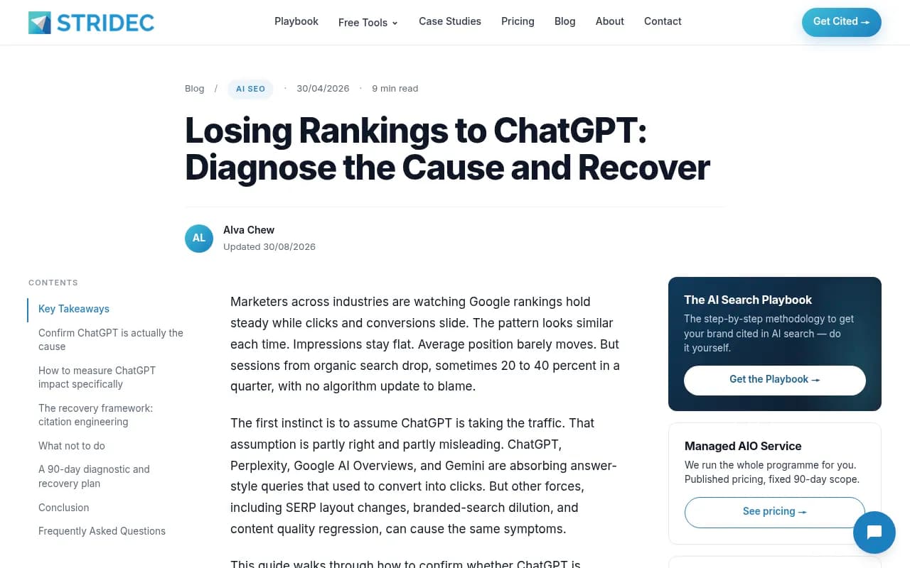 Stridec guide on diagnosing whether ChatGPT is actually drawing traffic away from your pages