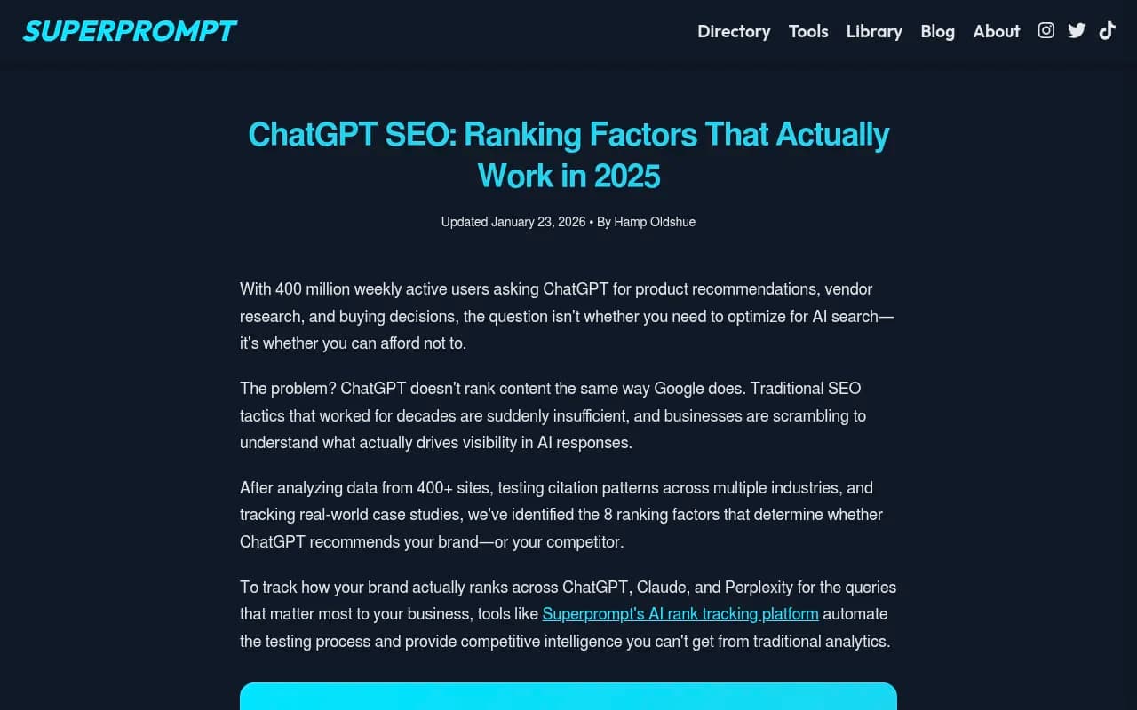 ChatGPT SEO ranking factors analysis from Superprompt, showing citation weight breakdown across authority, content quality, and platform trust signals