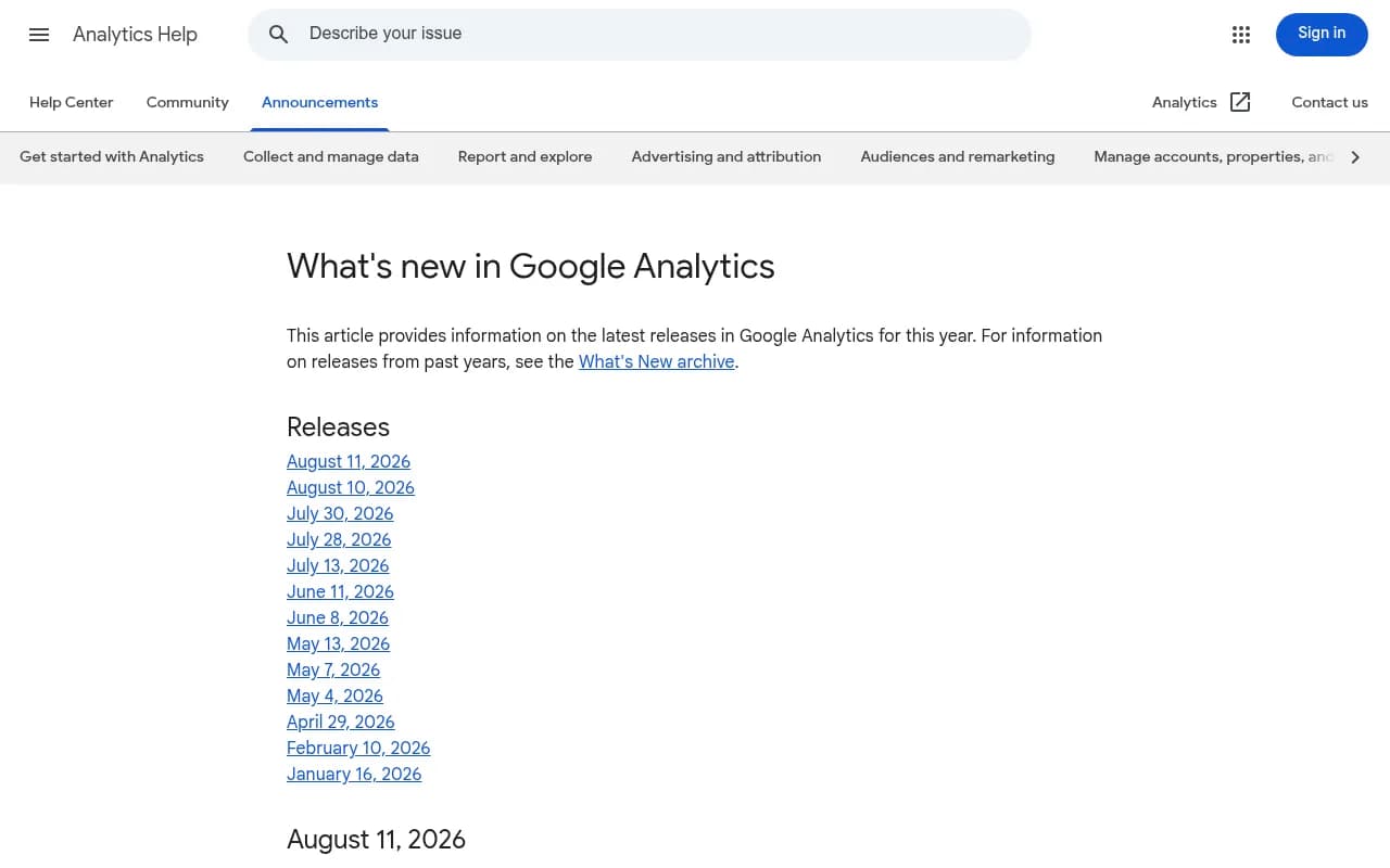 Google's official release notes for Google Analytics, including the May 13, 2026 update adding the ai-assistant traffic medium.